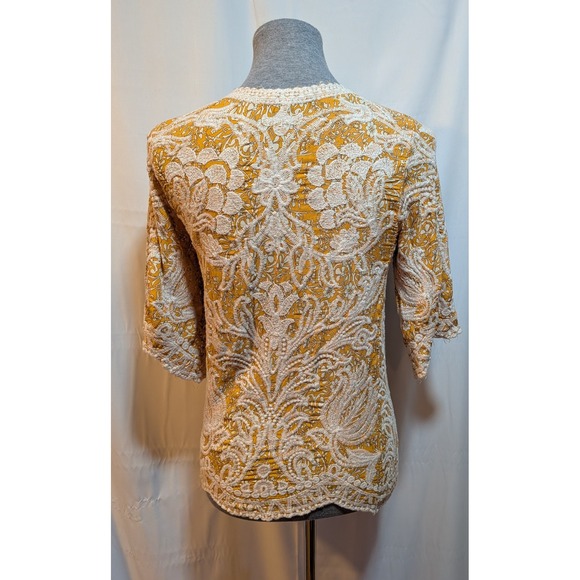 Solitaire Yellow Floral‎ S Boho Cottagecore Sweet Lace Blouse Top 3/4 Sleeve Top - Picture 2 of 9